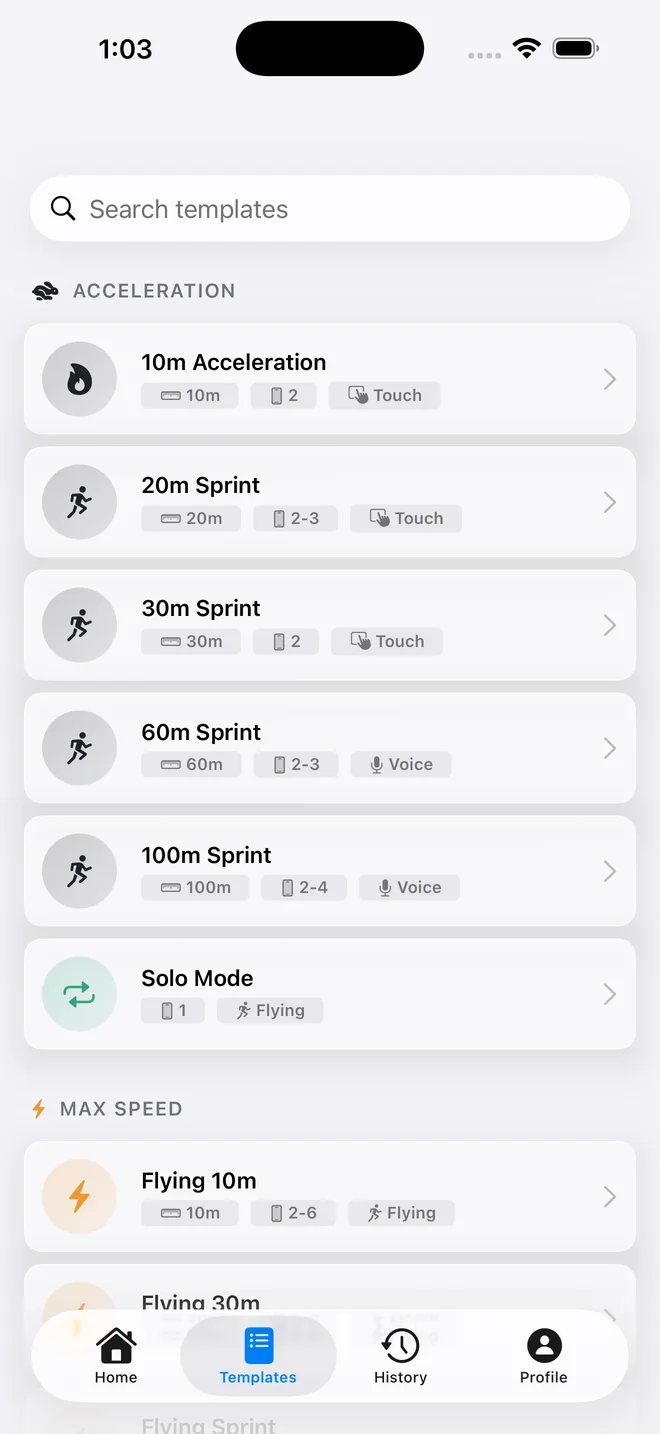 TrackSpeed sprint templates on iPhone